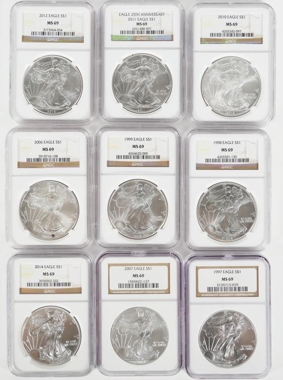 (9) NGC GRADED MS69 SILVER $1 EAGLESNine