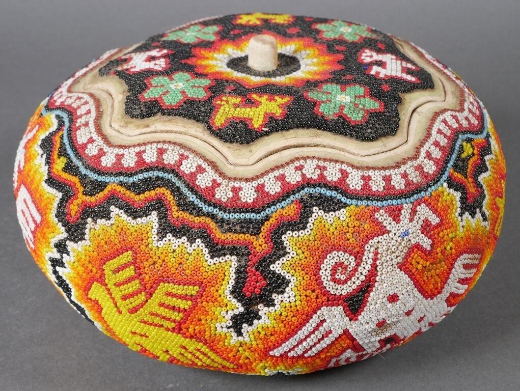 VINTAGE HUICHOL BEADED GOURD BOXNice