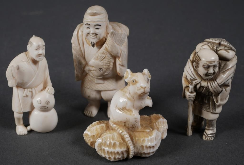 (4) JAPANESE CARVED NETSUKE & OKIMONONOTE: