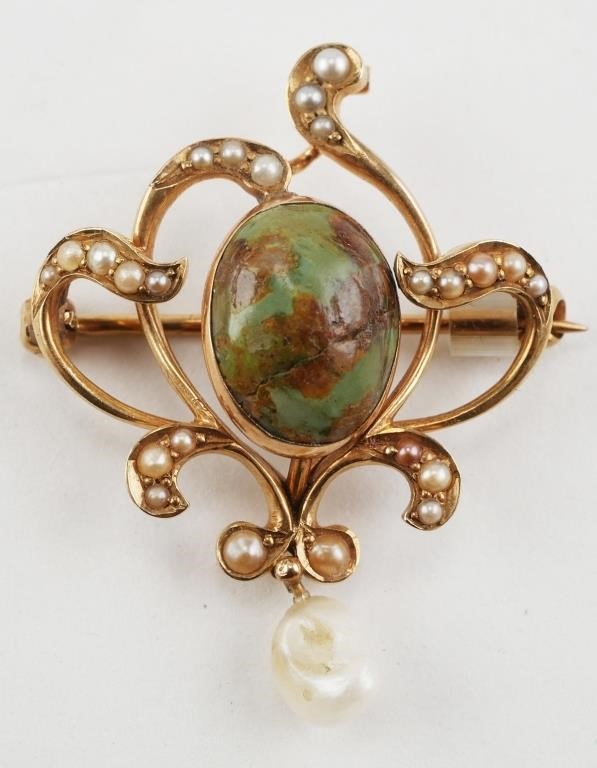 14K ART NOUVEAU PIN TURQUOISE PEARLPeriod 364551