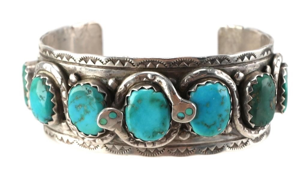 ZUNI STERLING TURQUOISE SNAKE CUFF 36458f