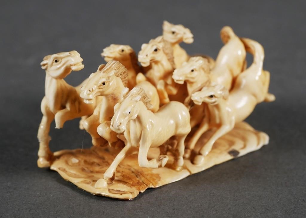 SIGNED ANTIQUE CARVED IVORY HORSES NETSUKEFinely