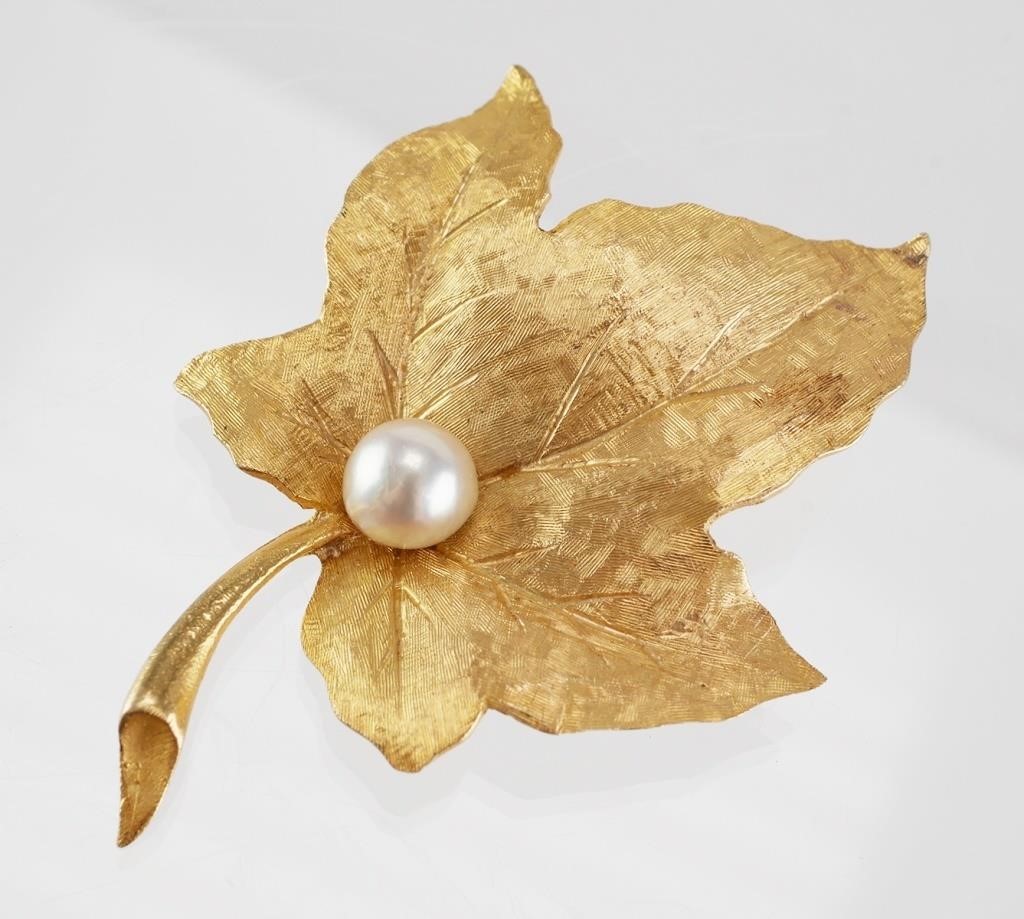 14K GOLD LEAF & PEARL BROOCH PIN14K