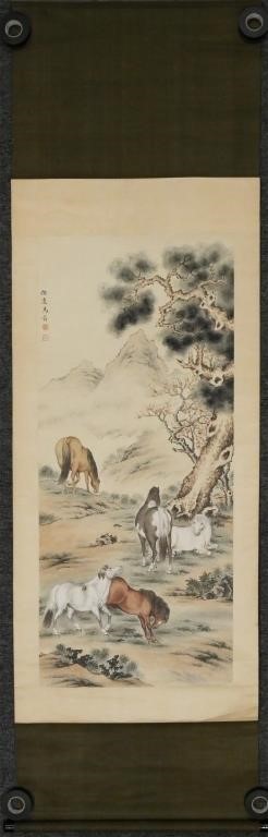 CHINESE SCROLL PAINTING, HORSES,