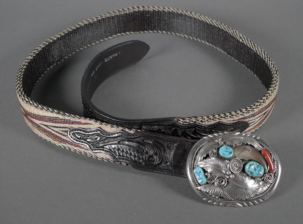 NAVAJO STERLING TURQUOISE CORAL BUCKLE