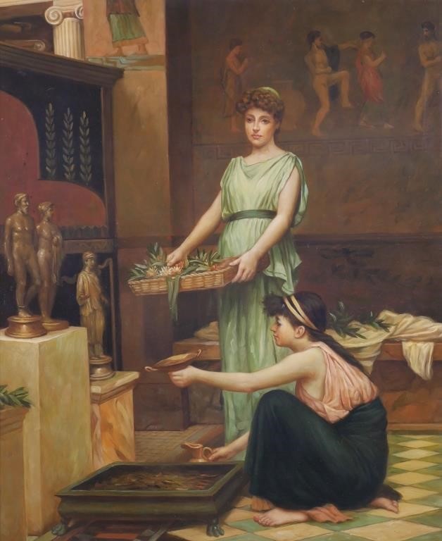YOUNG GIRLS IN A GREEK TEMPLE, OIL ON