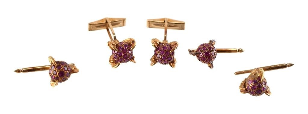 PAIR 14K GOLD RUBY & CUFFLINKS