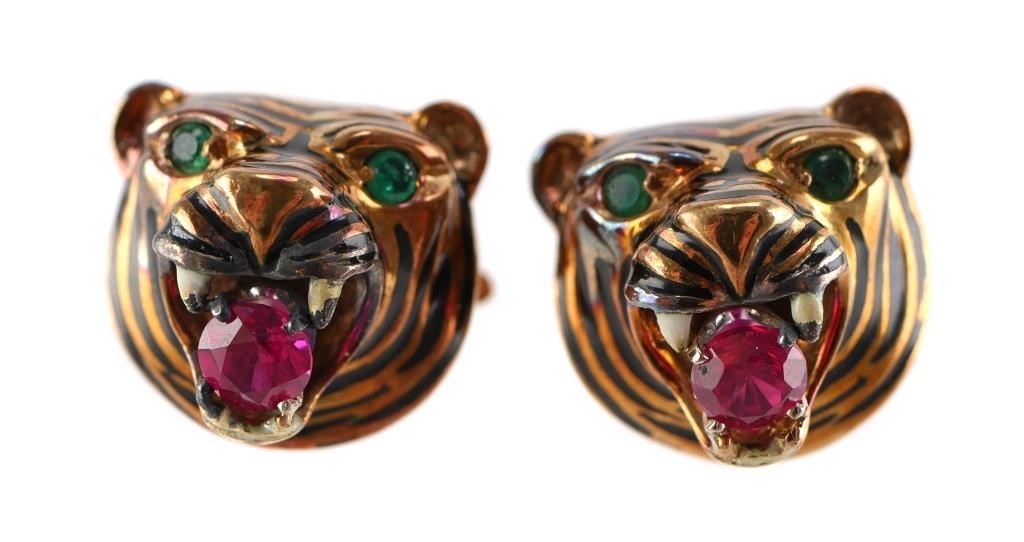 PAIR 18K GOLD EMERALD RUBY TIGER