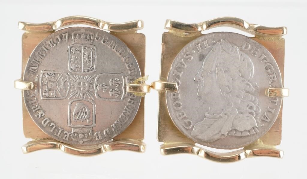 14K GOLD CUFFLINKS GEORGE II SIXPENCE 3647d4