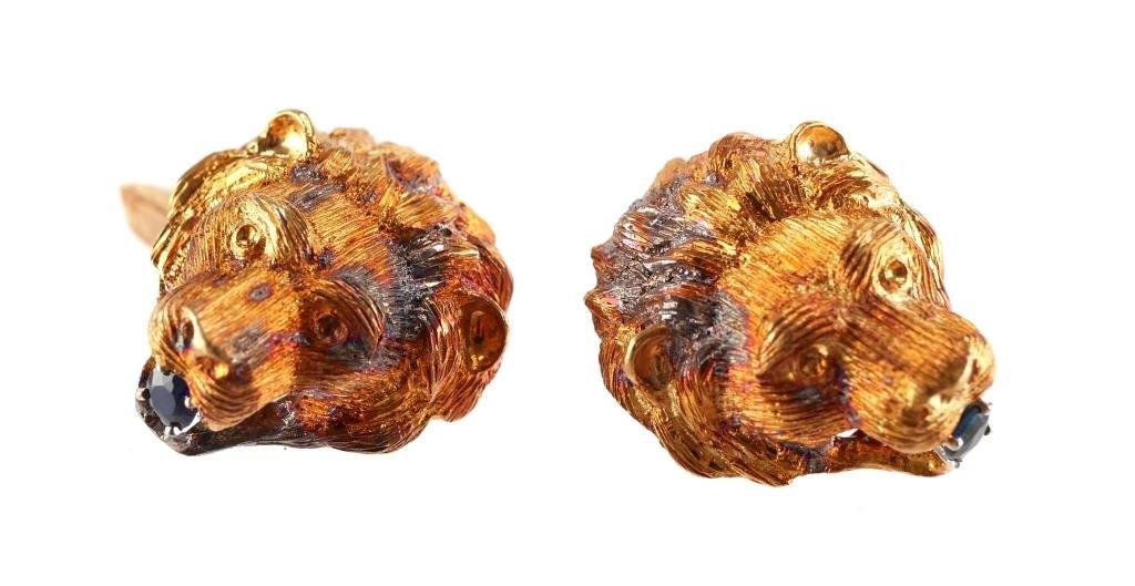 PAIR 18K GOLD SAPPHIRE LION HEAD 3647e4