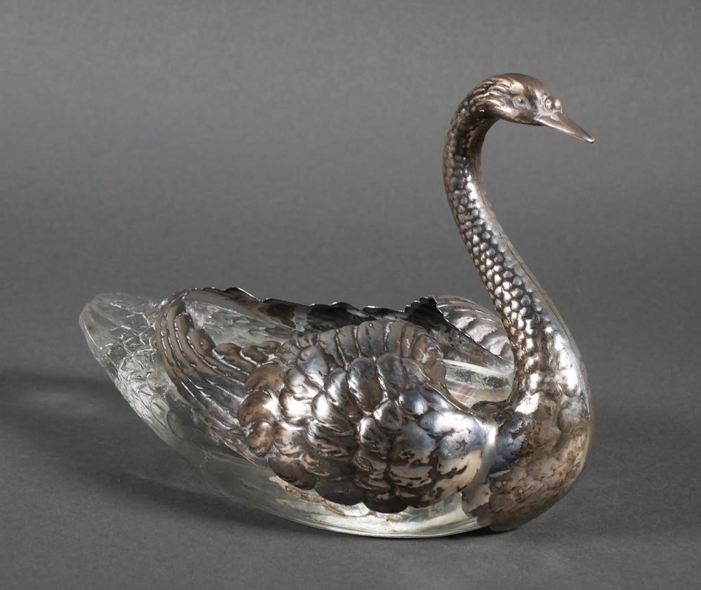 ANTIQUE STERLING SILVER SWAN GLASS 3647fe