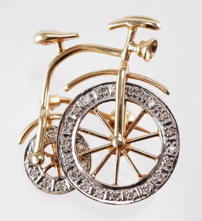 14K GOLD AND DIAMOND BICYCLE BROOCH