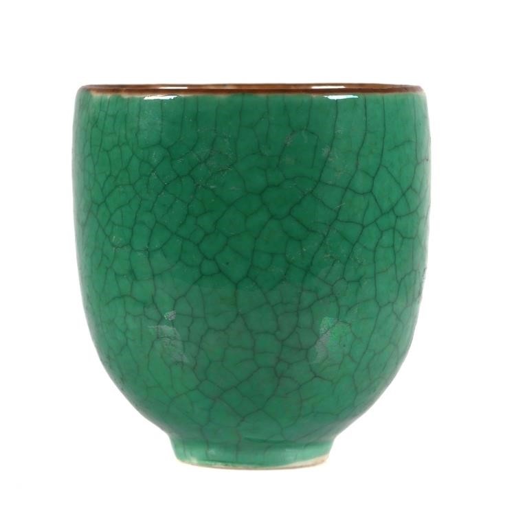 GREEN CRACKLE GLAZE POTTERY CUPGreen 3648b0