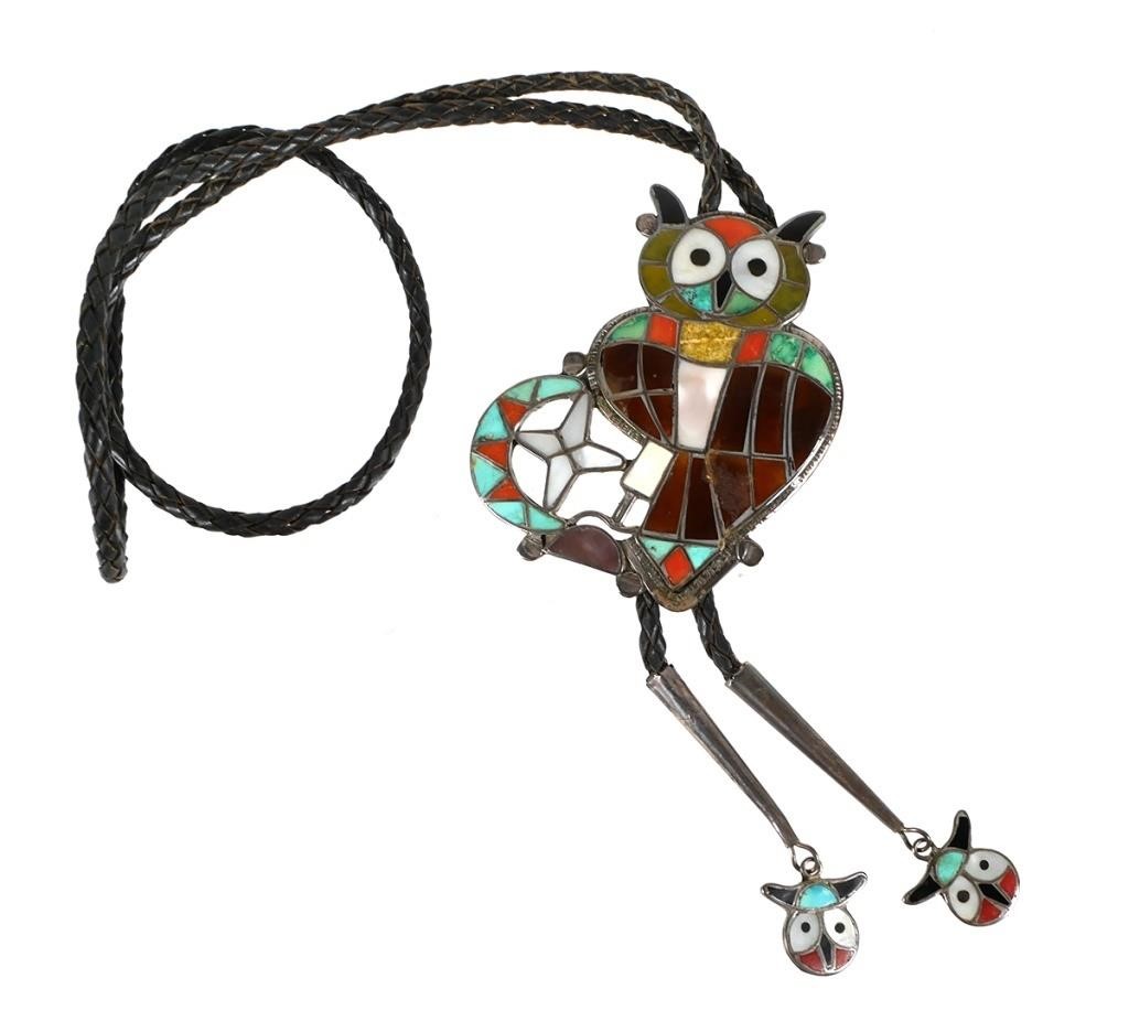 STERLING TURQUOISE INLAY OWL BOLO