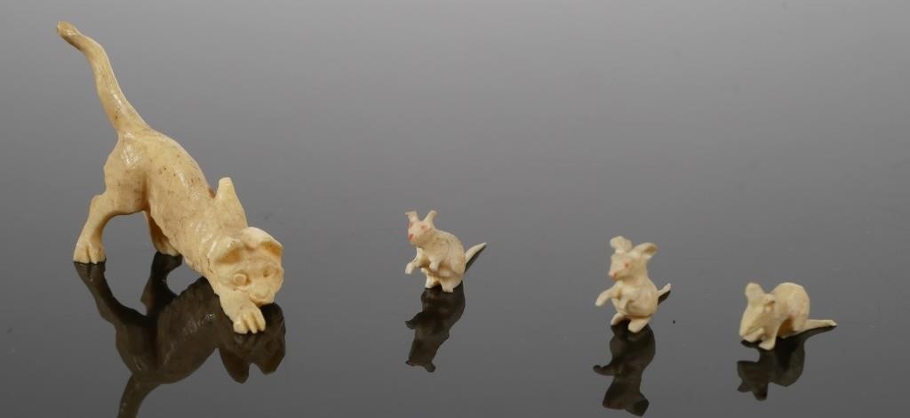 MINIATURE IVORY CARVING CAT AND 3 MICE