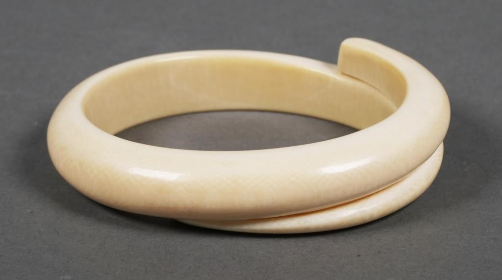 ANTIQUE CARVED IVORY BYPASS BANGLE BRACELETAntique