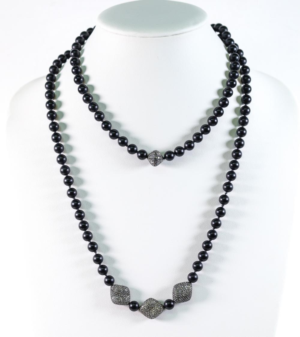 STERLING SILVER ONYX & DIAMOND NECKLACEStrung