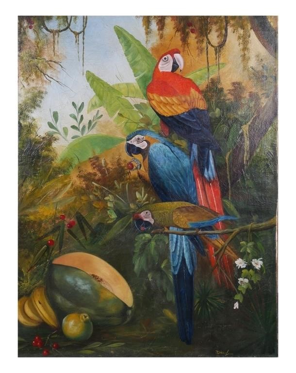 ANTIQUE OIL PAINTING OF PARROTS  364bf8