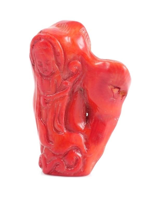 RED CORAL CARVED CHINESE BUDDHA 364ccf