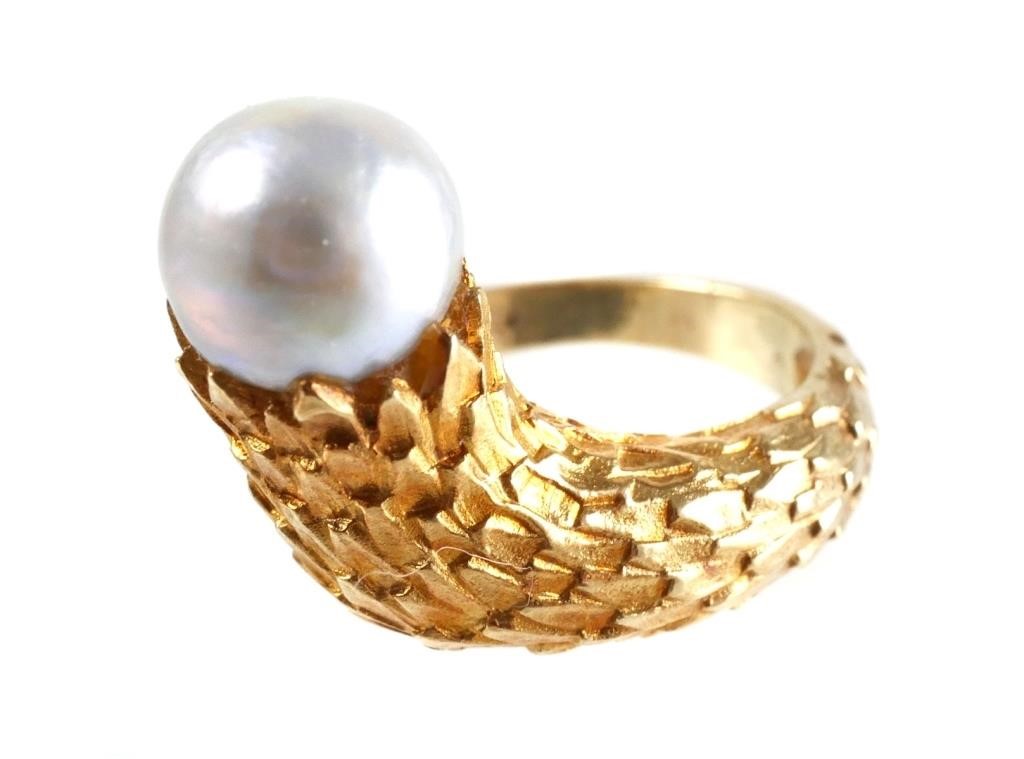 14K GOLD FEATHER OFFSET PEARL RINGRing