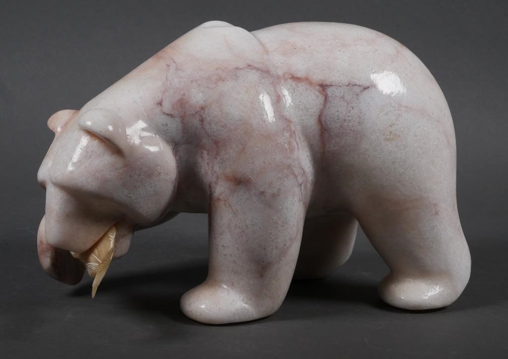 CARVED MARBLE BEAR WITH FISH SCULPTUREHand