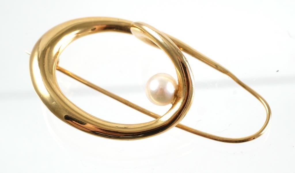 14K YELLOW GOLD SWIRL PEARL BROOCH 364d54