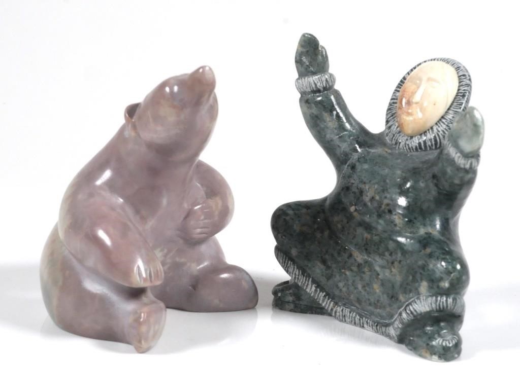 (2) ESKIMO INUIT STONE CARVINGS SIGNED