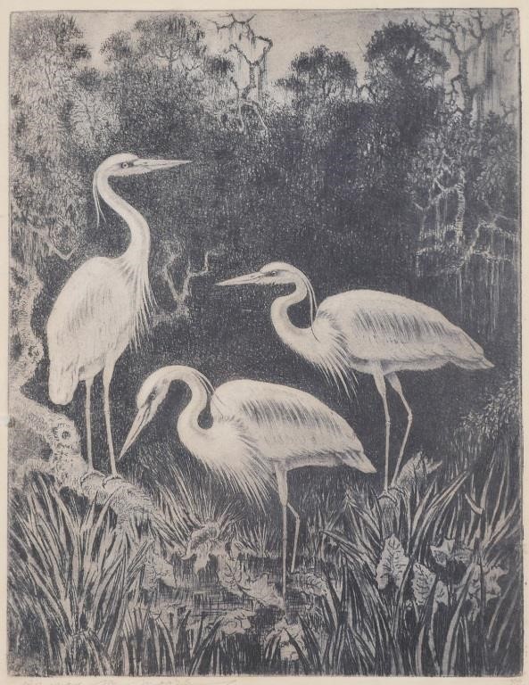 BENSON B MOORE WHITE HERONS ETCHINGOriginal 364eab