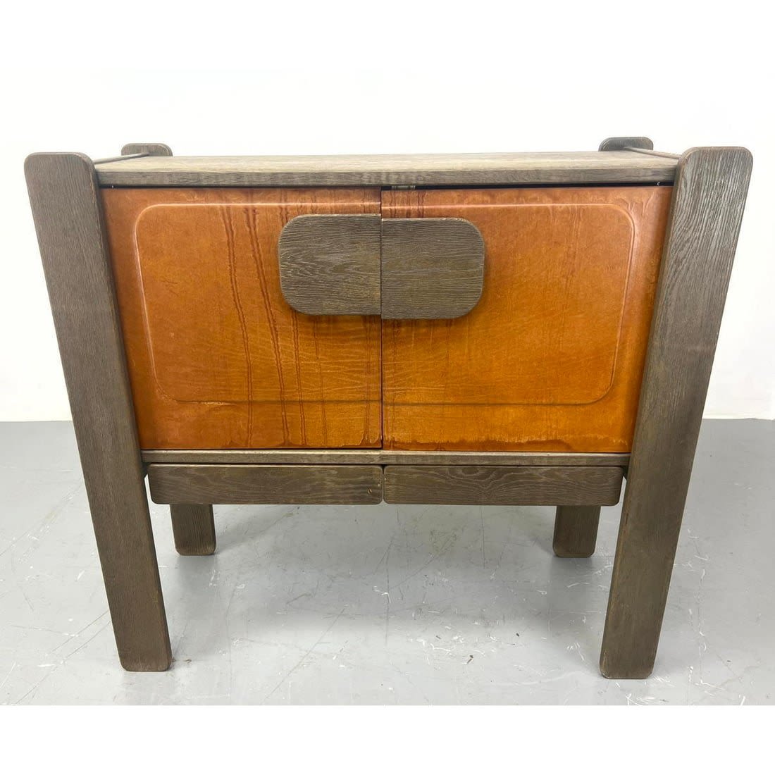 1970s Belgiun oak and leather cabinet.