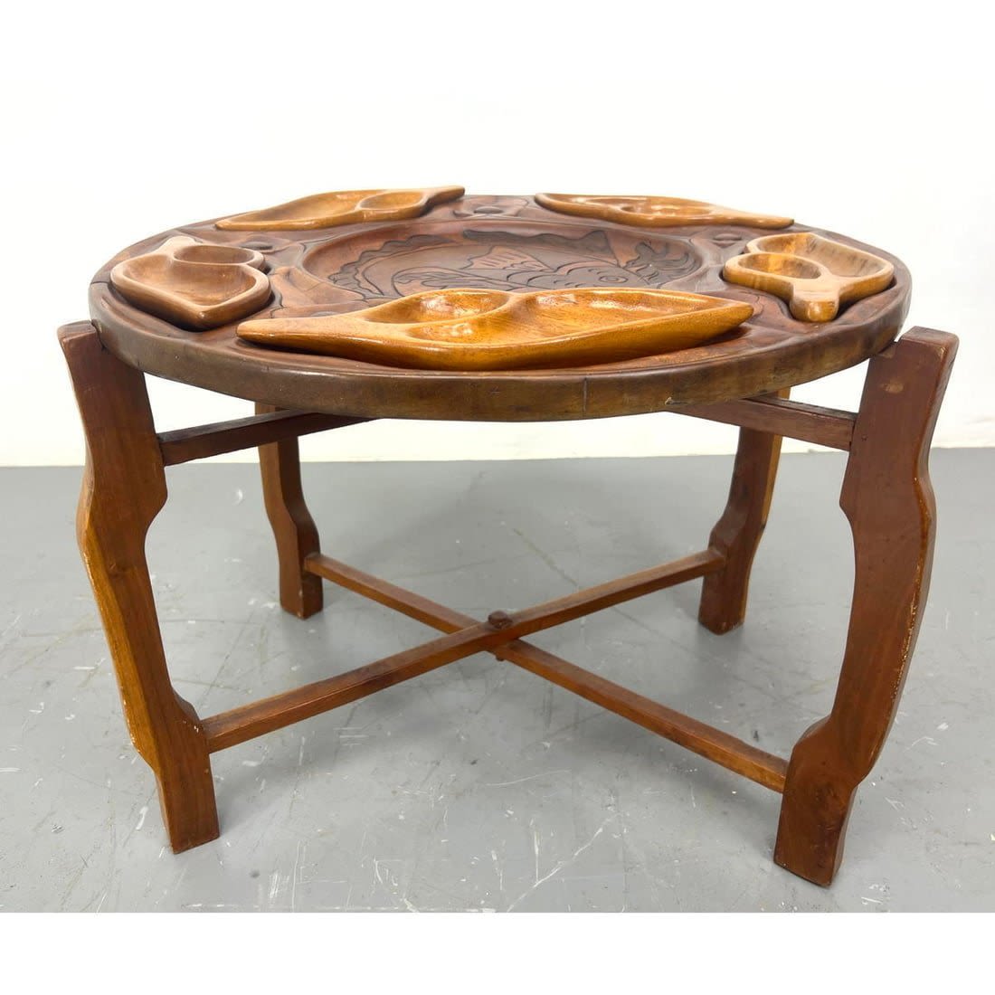 Carved Wood Round Coffee Table.