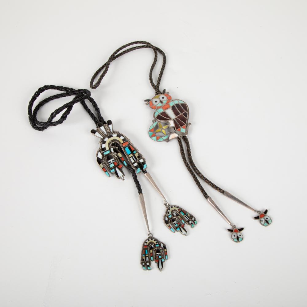 2 SIGNED ZUNI SILVER AND MULTI-STONE