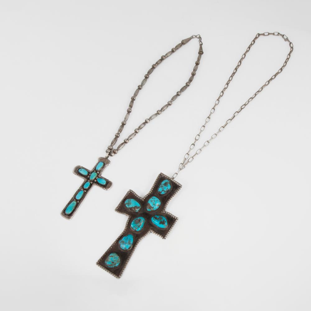 2 SIGNED SILVER + TURQUOISE CROSSES