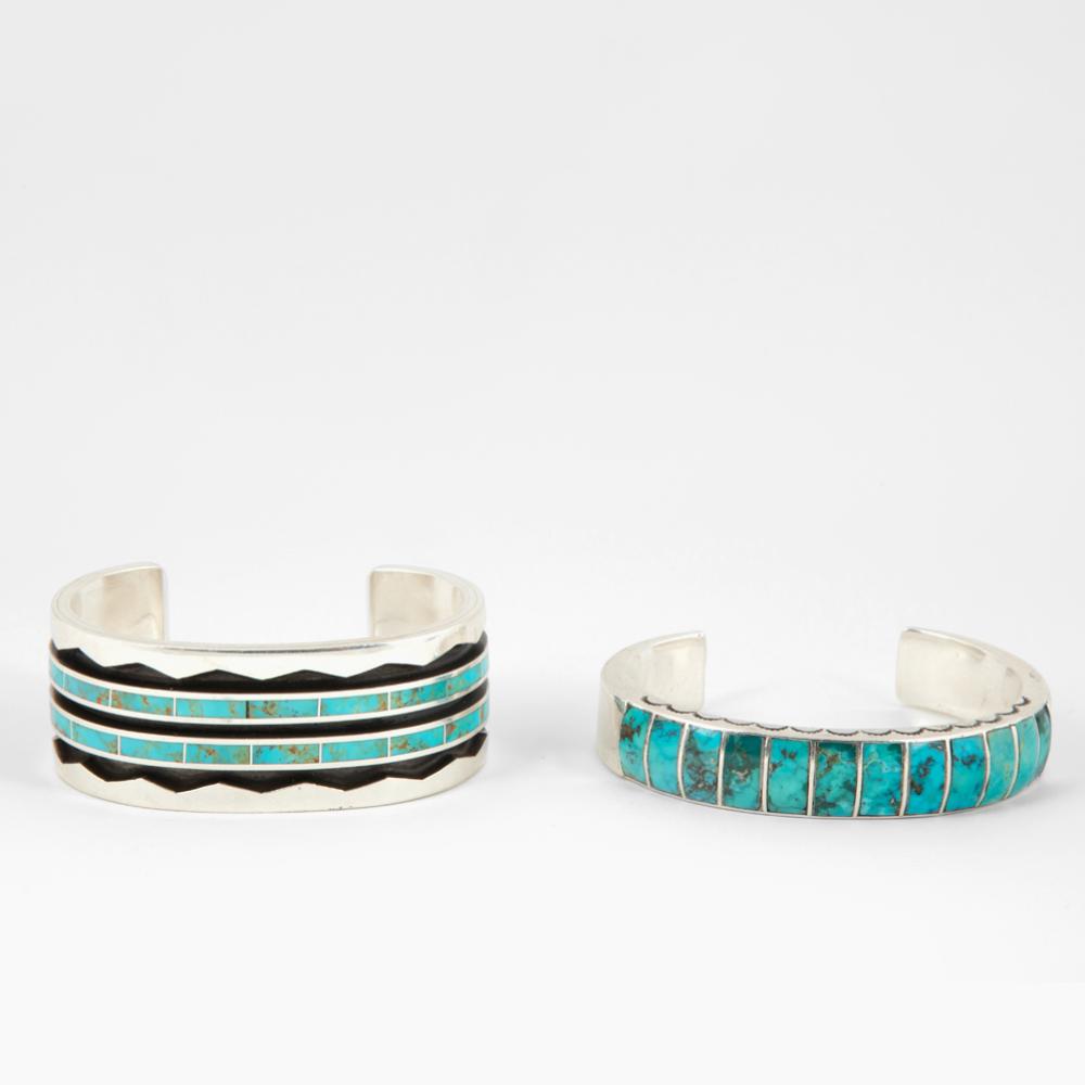2 ZUNI SILVER AND TURQUOISE INLAY