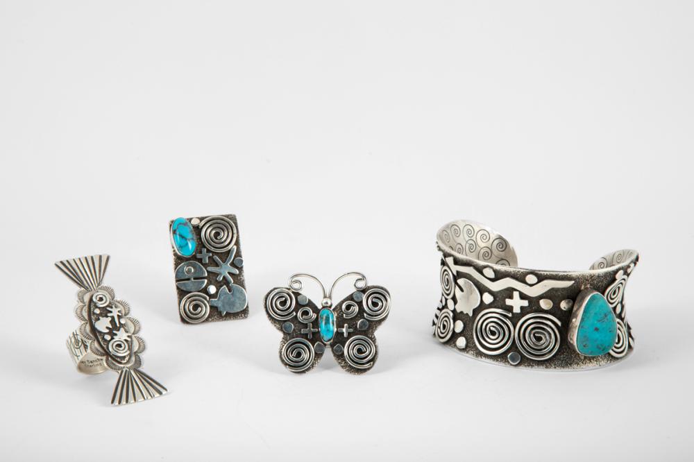 LOT OF SILVER AND TURQUOISE PETROGLYPH