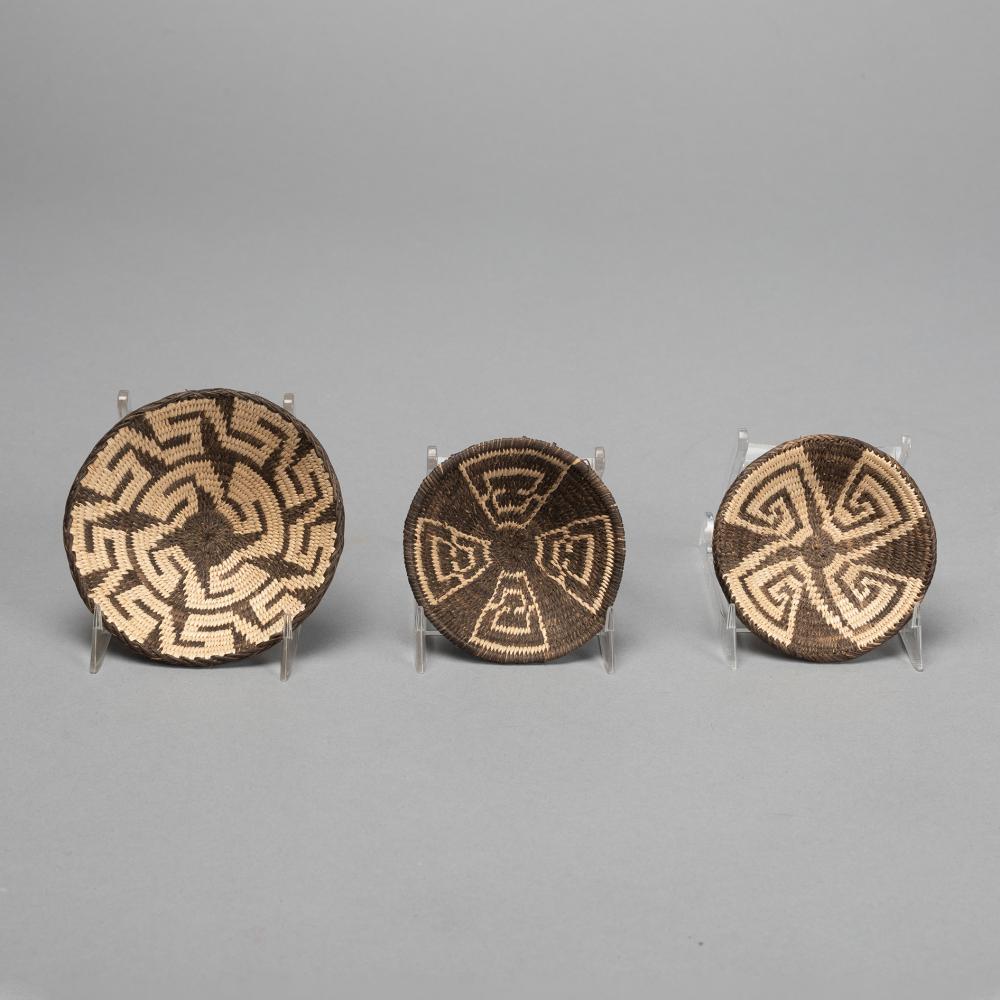 PIMA, THREE MINIATURE BASKETRY TRAYS,