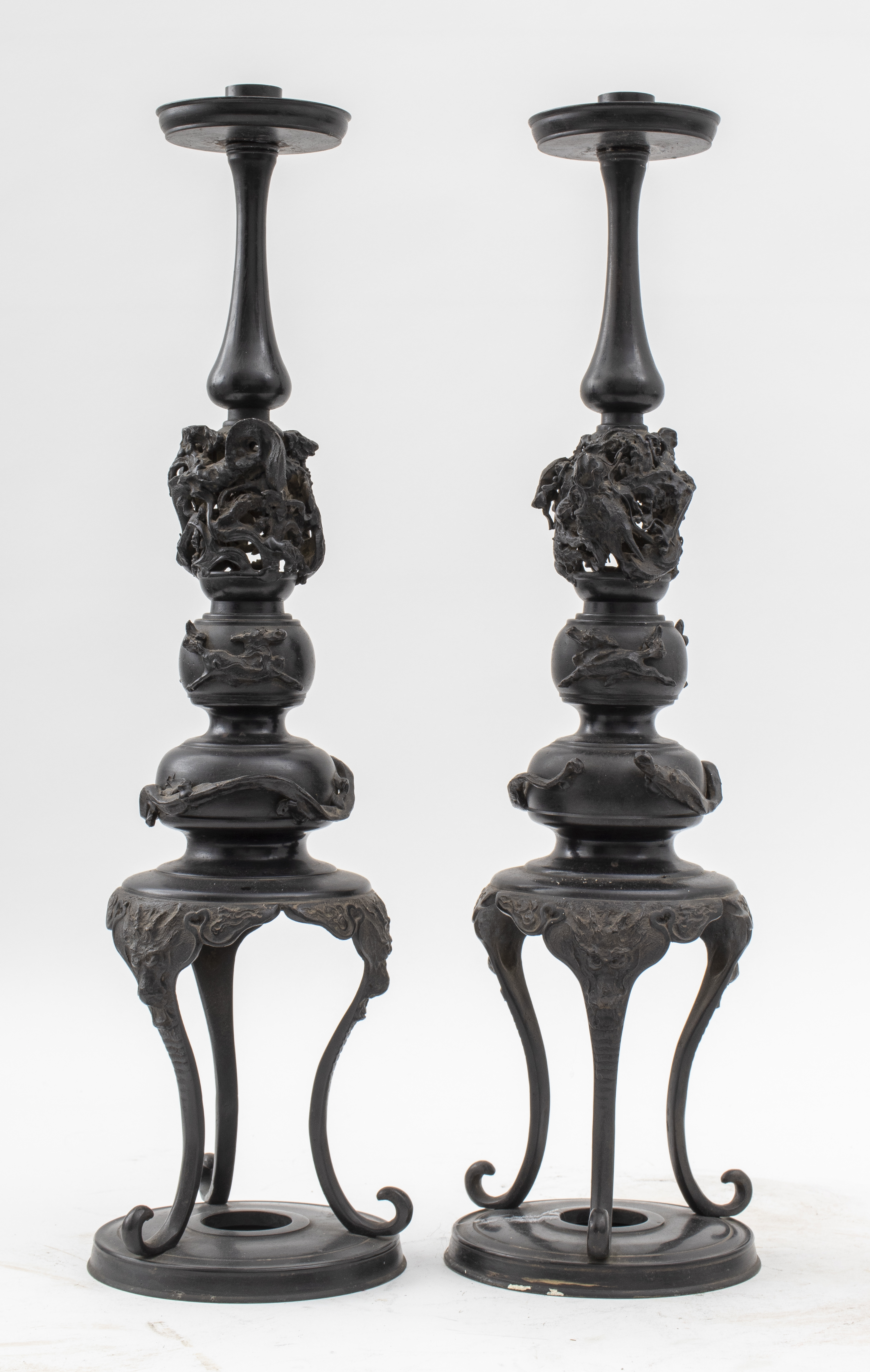 JAPANESE MEIJI BRONZE CANDLESTICK HOLDERS,