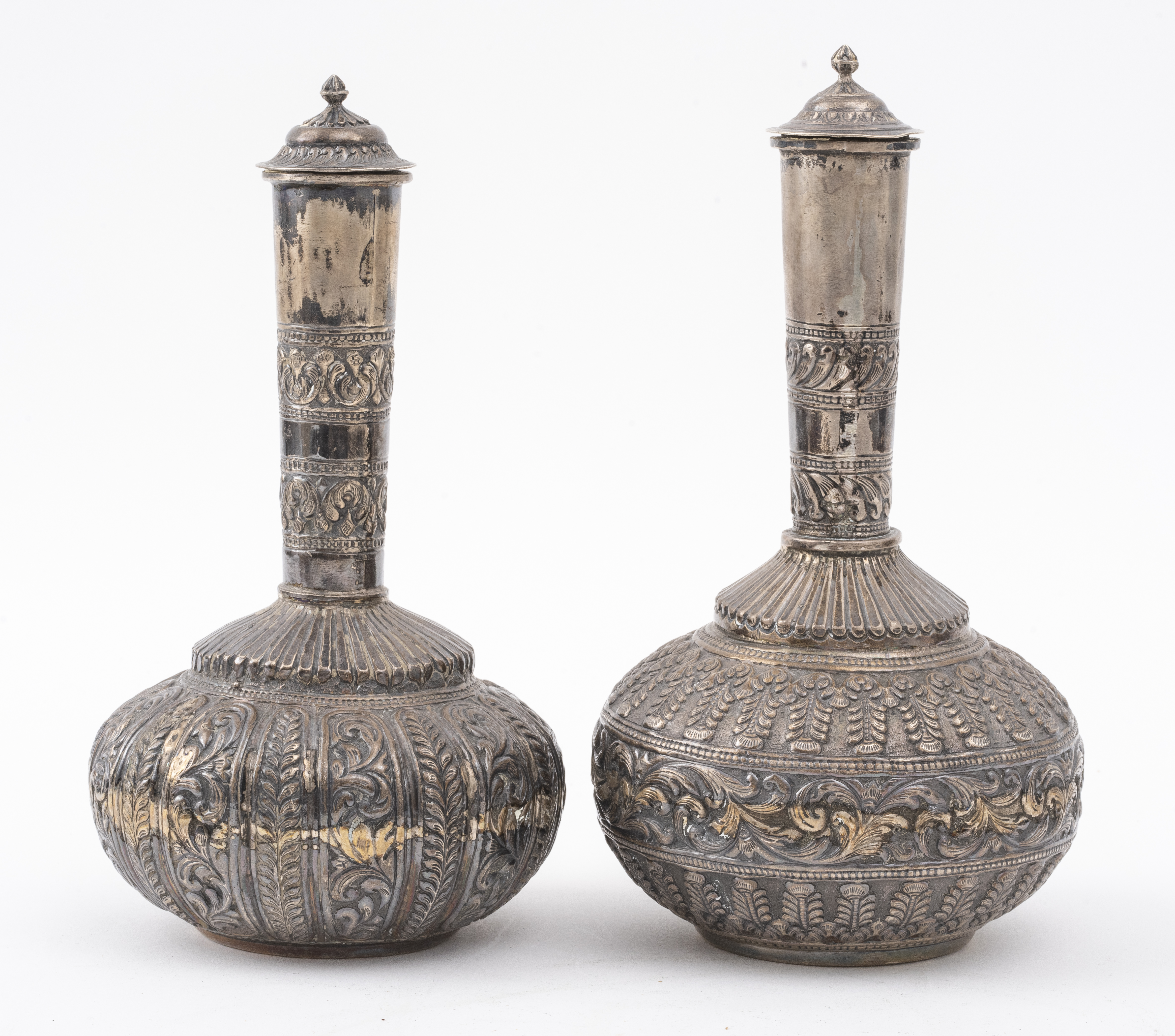 THAI SILVER COVERED VASES PAIR 3637b7