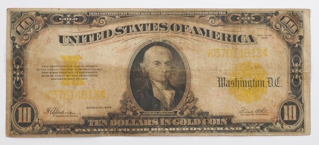 1922 US $10 GOLD CERTIFICATE BILL