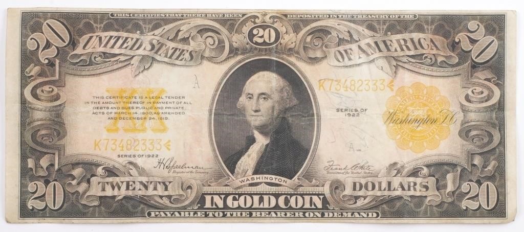 1922 US $20 GOLD CERTIFICATE BILL