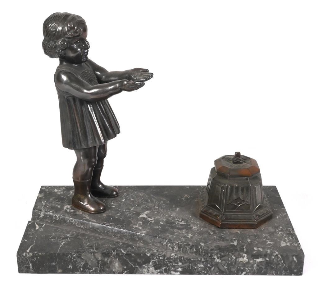 FIGURAL STONE AND CAST METAL INKWELL,