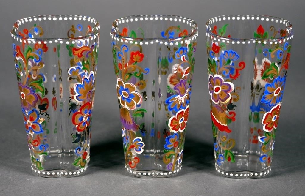 3 LOBMEYR STYLE ENAMELED GLASSES