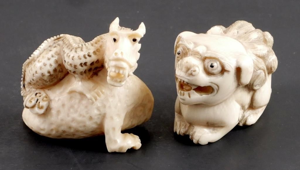 2 JAPANESE IVORY NETSUKE, DRAGON & FOO