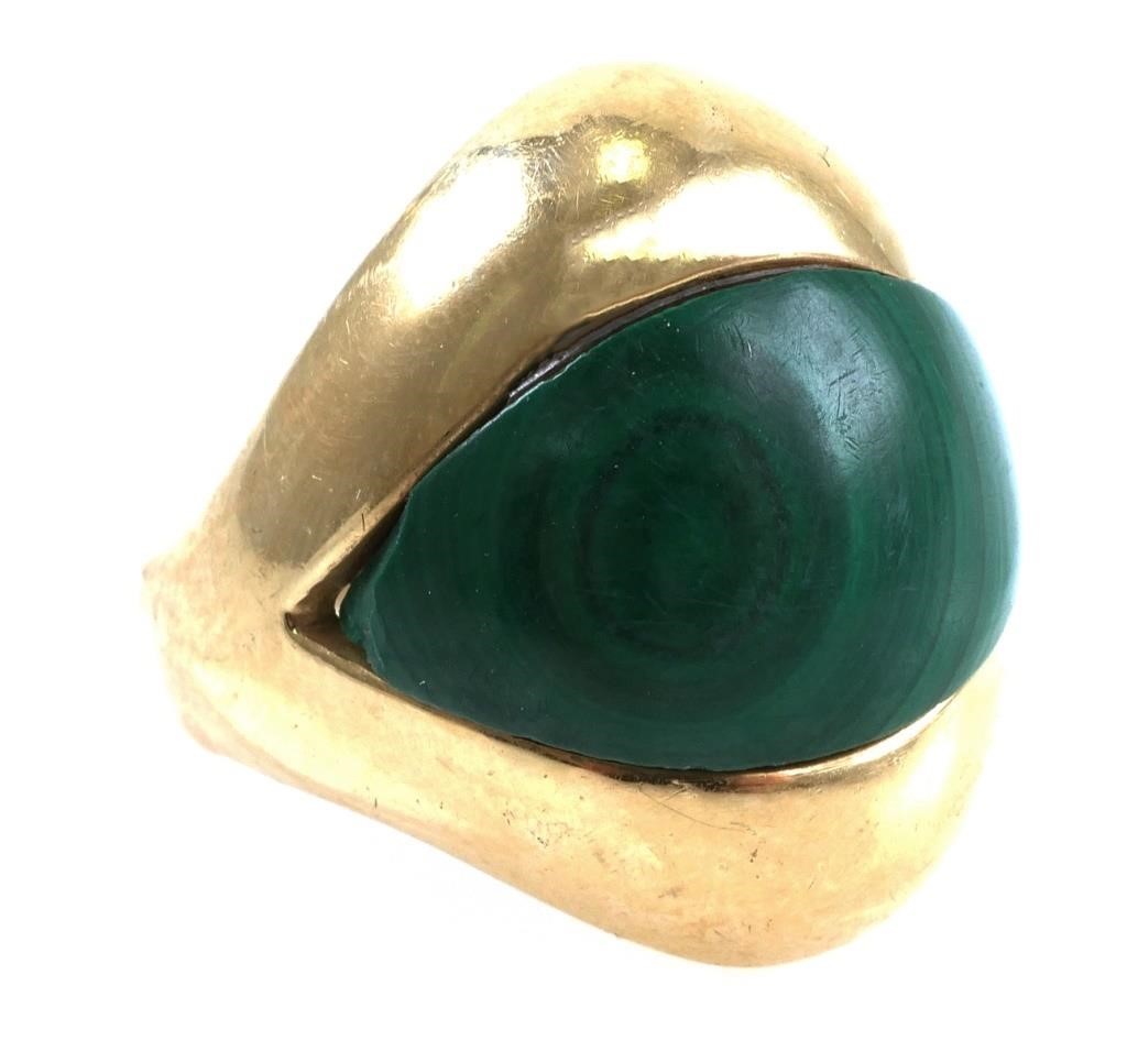 14K GOLD MALACHITE RING MAZSigned 3662f5