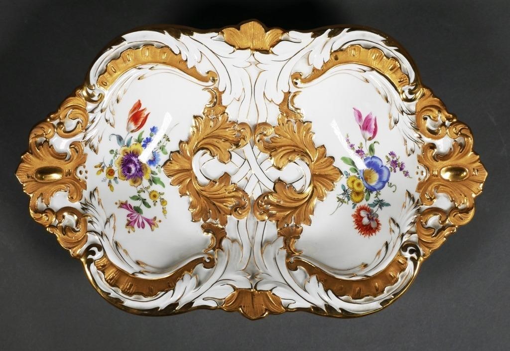 GILDED MEISSEN SERVING DISH, FLOWERSHeavy