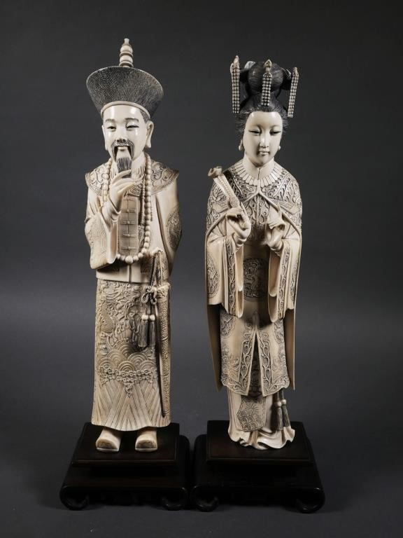 ANTIQUE IVORY EMPEROR & EMPRESS FIGURESCarved