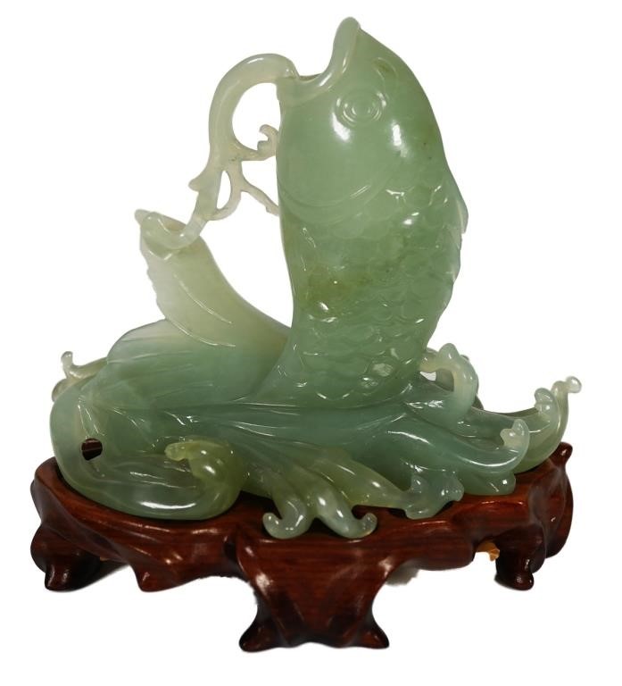 OLD CHINESE JADE CARVING OF A KOICarved