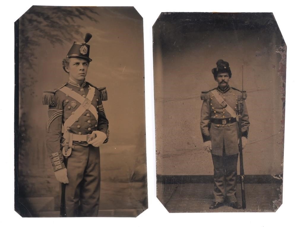  2 TINTYPES 1880S MILITIA SOLDIERS  36642f