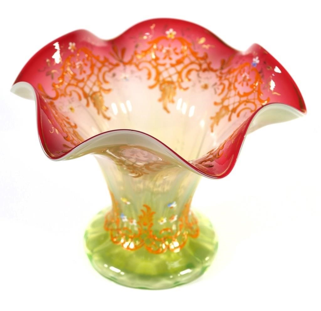 ENAMELED GLASS RUFFLE VASE,  MOSER