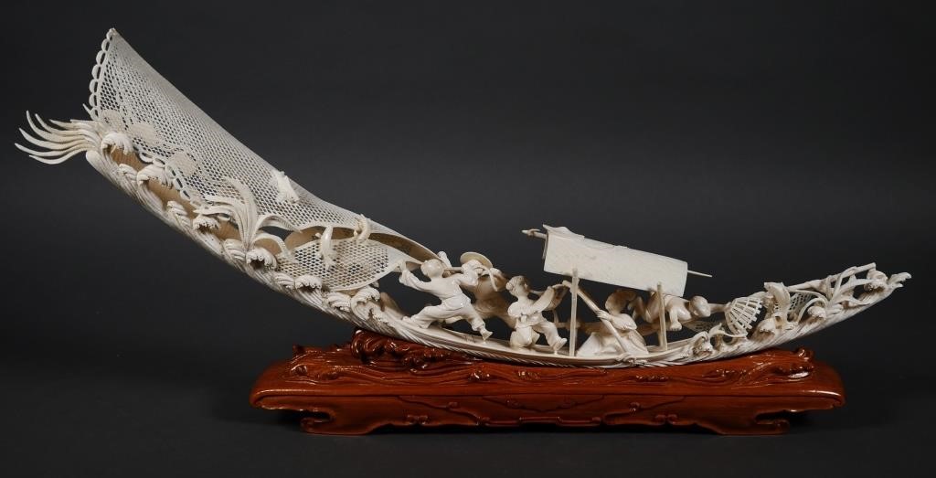 OLD 22" CHINESE CARVED IVORY FISHING