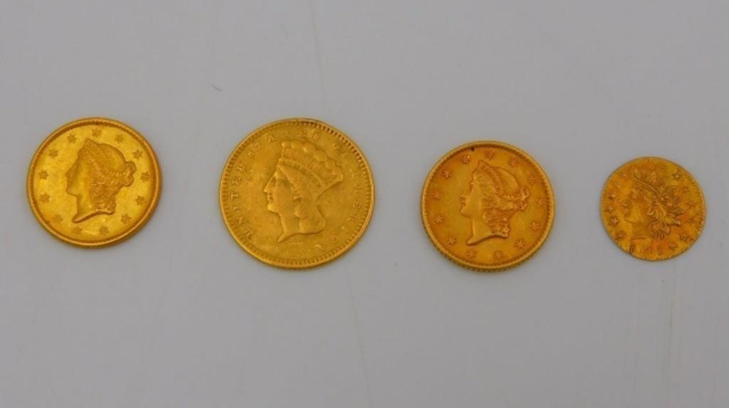 LOT OF 4 COINS: 1873 US $1 GOLD